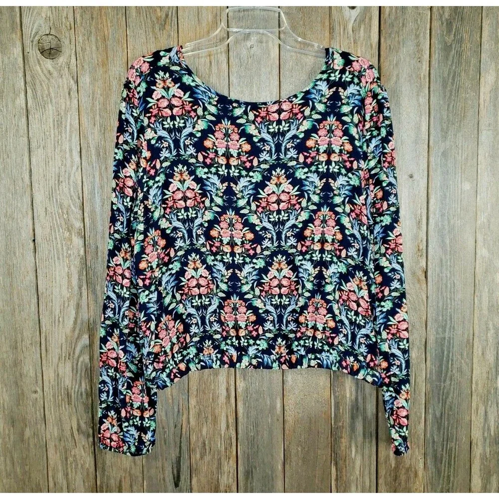 NEW Loft‎ L Navy Blue Floral V Back Puff Sleeve Top Cottage Boho Bloom Romantic